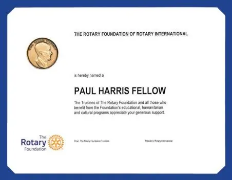 Paul Harris Fellow 證書樣式